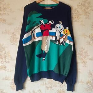 Vintage 90s Hathaway Intarsia Golf Sweater | 100% Cotton Knit | Size Large